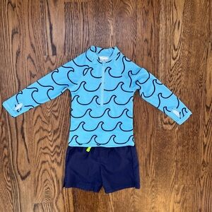 Monica and Andy/Cat and Jack Rashguard Swim Trunks Set - waves and navy blue